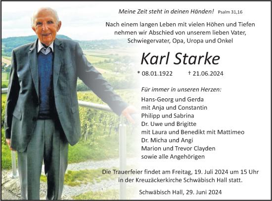 Traueranzeige von Karl Starke von Haller Tagblatt