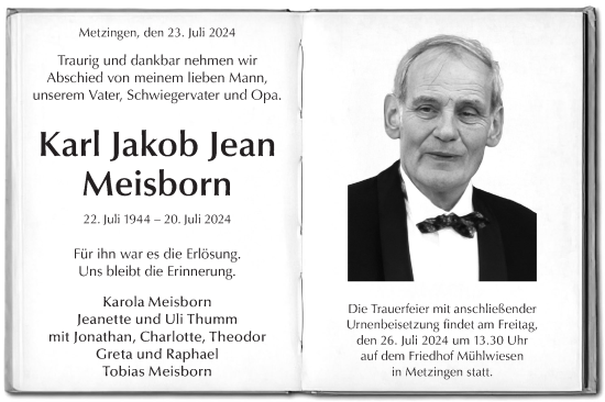 Traueranzeige von Karl Jakob Jean  Meisborn von Alb-Bote/Metzinger-Uracher Volksblatt
