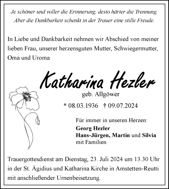 Traueranzeige von Katharina Hezler von SÜDWEST PRESSE Ausgabe Ulm/Neu-Ulm
