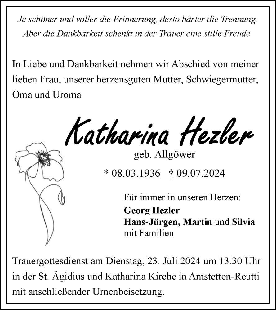  Traueranzeige für Katharina Hezler vom 18.07.2024 aus SÜDWEST PRESSE Ausgabe Ulm/Neu-Ulm