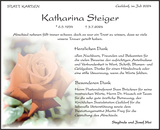 Traueranzeige von Katharina Steiger von Rundschau Gaildorf