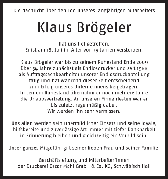 Traueranzeige von Klaus Brögeler von Haller Tagblatt