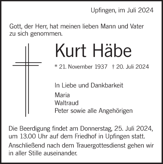 Traueranzeige von Kurt Häbe von Alb-Bote/Metzinger-Uracher Volksblatt