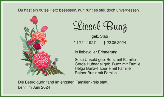 Traueranzeige von Liesel Bunz von SÜDWEST PRESSE Ausgabe Ulm/Neu-Ulm