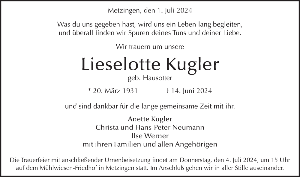  Traueranzeige für Lieselotte Kugler vom 01.07.2024 aus Alb-Bote/Metzinger-Uracher Volksblatt