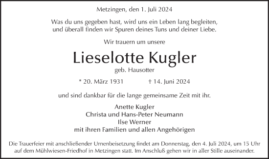 Traueranzeige von Lieselotte Kugler von Alb-Bote/Metzinger-Uracher Volksblatt