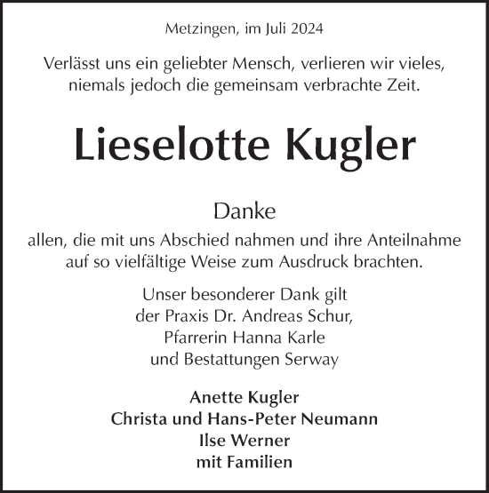 Traueranzeige von Lieselotte Kugler von Alb-Bote/Metzinger-Uracher Volksblatt