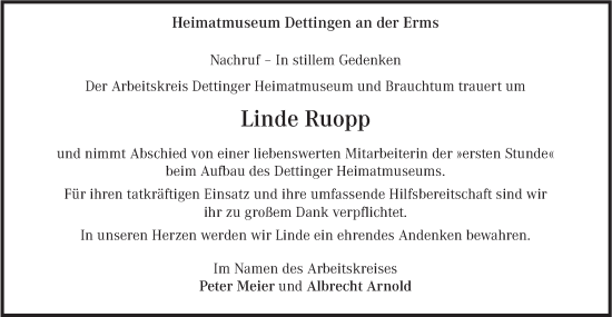 Traueranzeige von Linde Ruopp von Alb-Bote/Metzinger-Uracher Volksblatt