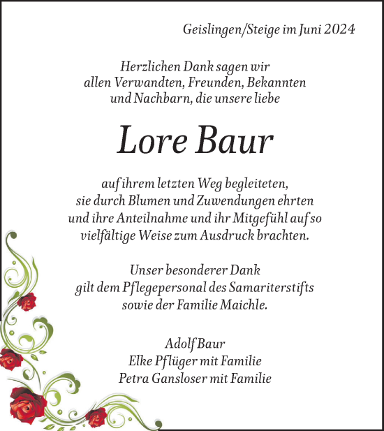 Traueranzeige von Lore Baur von Geislinger Zeitung