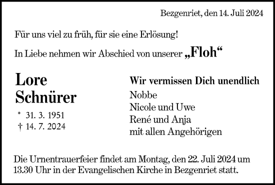 Traueranzeige von Lore Schnürer von NWZ Neue Württembergische Zeitung