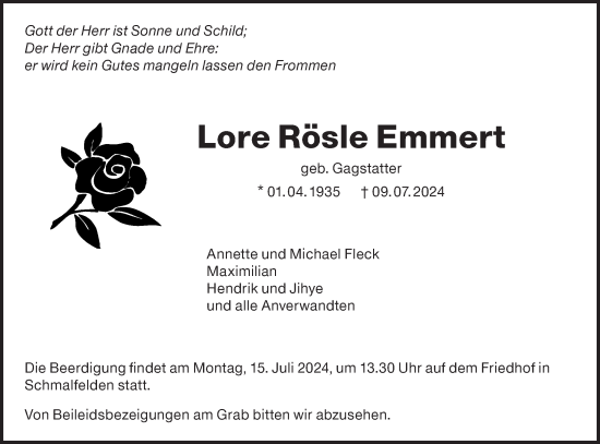 Traueranzeige von Lore Rösle Emmert von Hohenloher Tagblatt