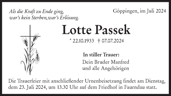 Traueranzeige von Lotte Passek von NWZ Neue Württembergische Zeitung