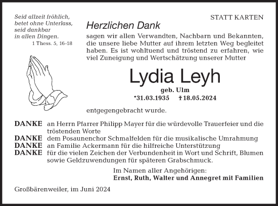 Traueranzeige von Lydia Leyh von Hohenloher Tagblatt