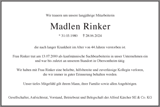 Traueranzeige von Madlen Rinker von Hohenloher Tagblatt