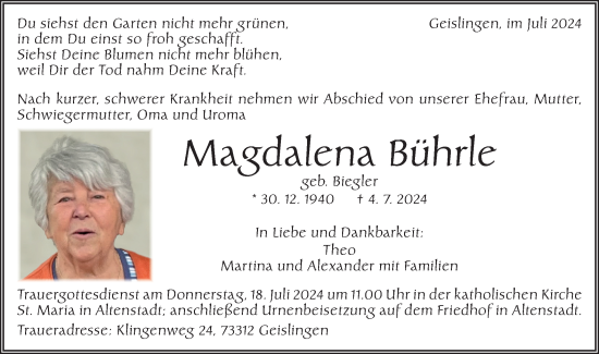 Traueranzeige von Magdalena Bührle von Geislinger Zeitung