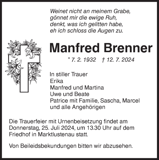 Traueranzeige von Manfred Brenner von Hohenloher Tagblatt