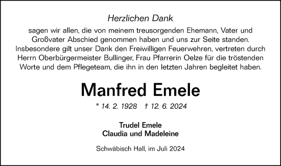 Traueranzeige von Manfred Emele von Haller Tagblatt