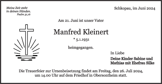 Traueranzeige von Manfred Kleinert von Haller Tagblatt