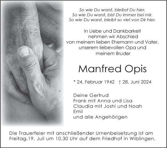Traueranzeige von Manfred Opis von SÜDWEST PRESSE Ausgabe Ulm/Neu-Ulm
