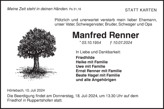 Traueranzeige von Manfred Renner von Haller Tagblatt/Hohenloher Tagblatt