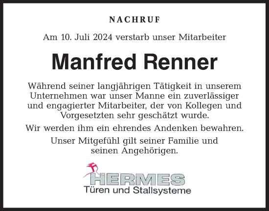 Traueranzeige von Manfred Renner von Haller Tagblatt