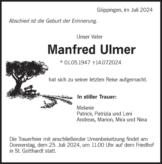 Traueranzeige von Manfred Ulmer von NWZ Neue Württembergische Zeitung