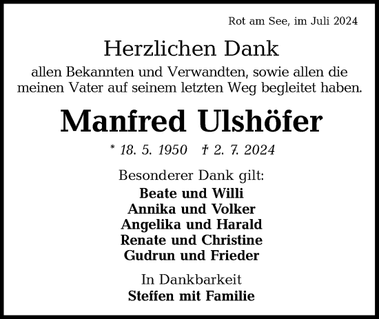 Traueranzeige von Manfred Ulshöfer von Hohenloher Tagblatt