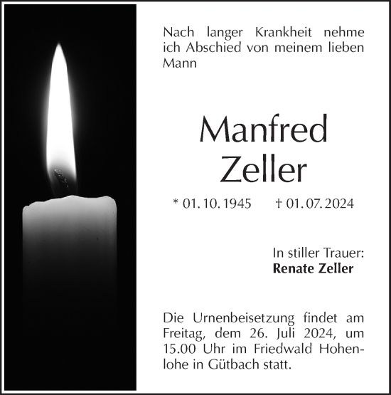 Traueranzeige von Manfred Zeller von Hohenloher Tagblatt