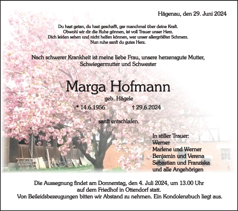  Traueranzeige für Marga Hofmann vom 02.07.2024 aus Rundschau Gaildorf