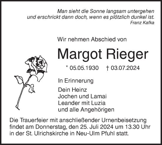 Traueranzeige von Margot Rieger von SÜDWEST PRESSE Ausgabe Ulm/Neu-Ulm