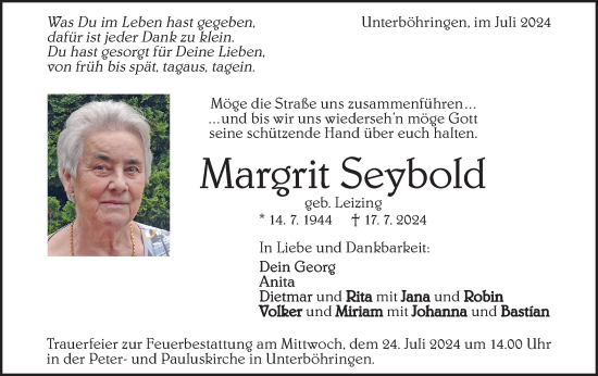 Traueranzeige von Margrit Seybold von Geislinger Zeitung