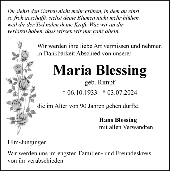 Traueranzeige von Maria Blessing von SÜDWEST PRESSE Ausgabe Ulm/Neu-Ulm