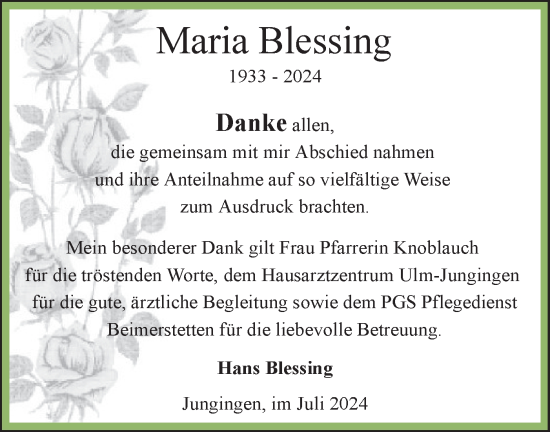 Traueranzeige von Maria Blessing von SÜDWEST PRESSE Ausgabe Ulm/Neu-Ulm