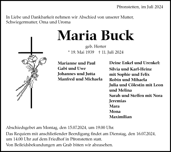 Traueranzeige von Maria Buck von Alb-Bote/Metzinger-Uracher Volksblatt