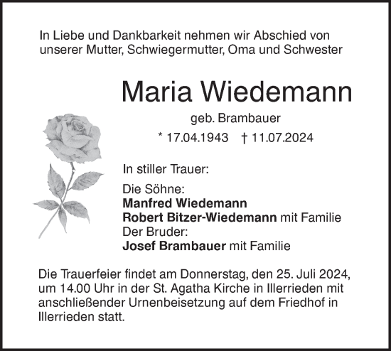 Traueranzeige von Maria Wiedemann von SÜDWEST PRESSE Ausgabe Ulm/Neu-Ulm