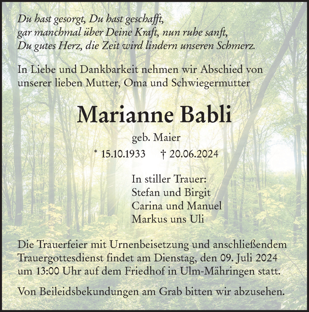  Traueranzeige für Marianne Babli vom 29.06.2024 aus SÜDWEST PRESSE Ausgabe Ulm/Neu-Ulm