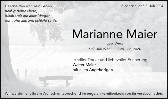 Traueranzeige von Marianne Maier von Alb-Bote/Metzinger-Uracher Volksblatt