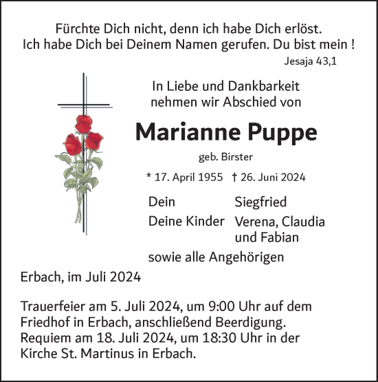 Traueranzeige von Marianne Puppe von SÜDWEST PRESSE Ausgabe Ulm/Neu-Ulm