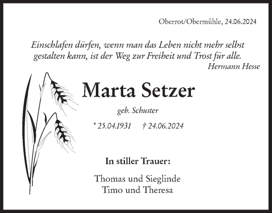 Traueranzeige von Marta Setzer von Rundschau Gaildorf