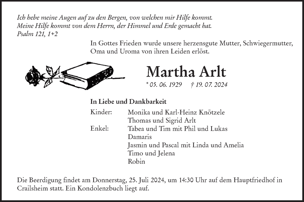  Traueranzeige für Martha Arlt vom 23.07.2024 aus Hohenloher Tagblatt