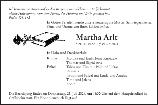 Traueranzeige von Martha Arlt von Hohenloher Tagblatt