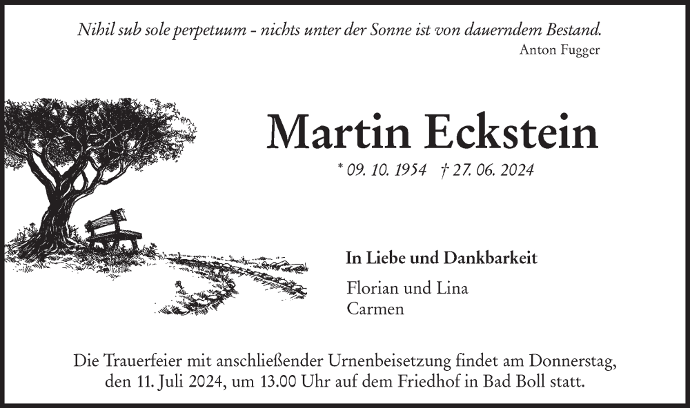  Traueranzeige für Martin Eckstein vom 06.07.2024 aus NWZ Neue Württembergische Zeitung