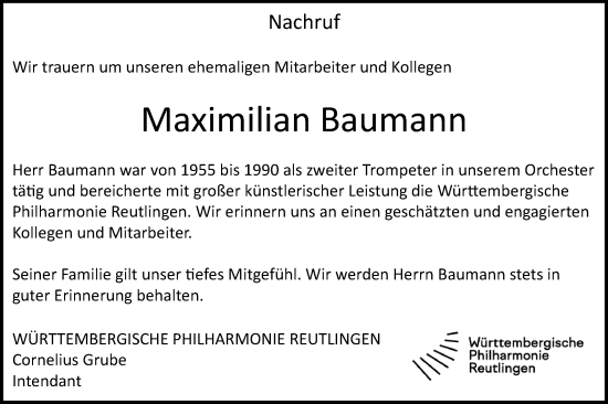 Traueranzeige von Maximilian Baumann von Alb-Bote/Metzinger-Uracher Volksblatt