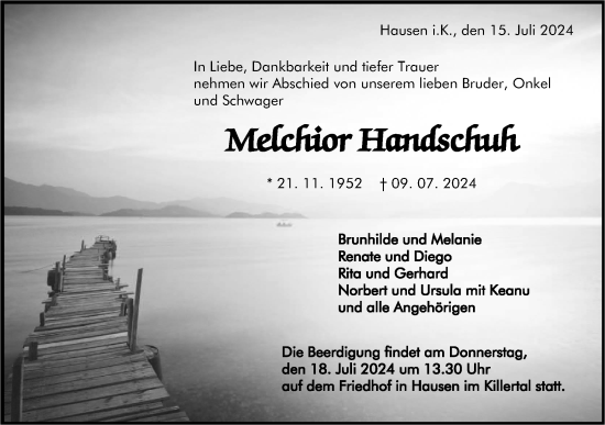 Traueranzeige von Melchior Handschuh von SÜDWEST PRESSE Zollernalbkreis/Hohenzollerische Zeitung