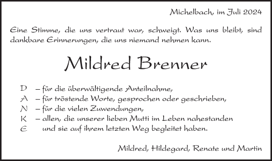 Traueranzeige von Mildred Brenner von Haller Tagblatt