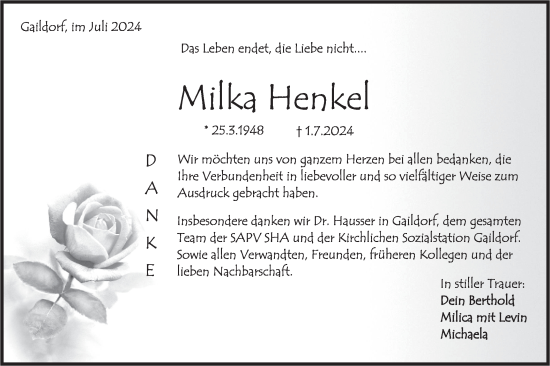 Traueranzeige von Milka Henkel von Rundschau Gaildorf