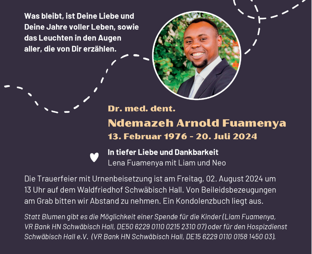  Traueranzeige für Ndemazeh Arnold Fuamenya vom 27.07.2024 aus Haller Tagblatt