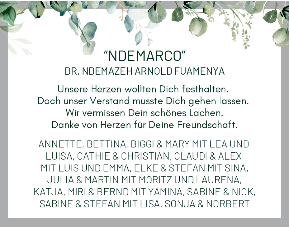  Traueranzeige für Ndemazeh Arnold Fuamenya vom 27.07.2024 aus Haller Tagblatt