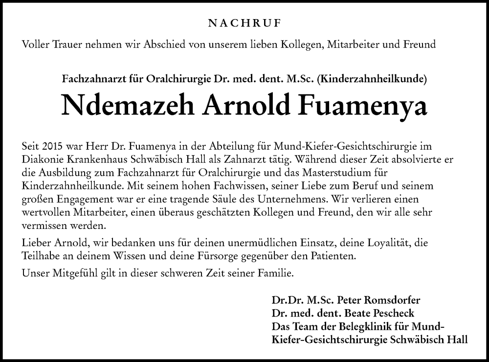  Traueranzeige für Ndemazeh Arnold Fuamenya vom 27.07.2024 aus Haller Tagblatt