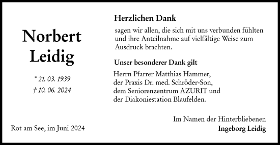 Traueranzeige von Norbert Leidig von Hohenloher Tagblatt